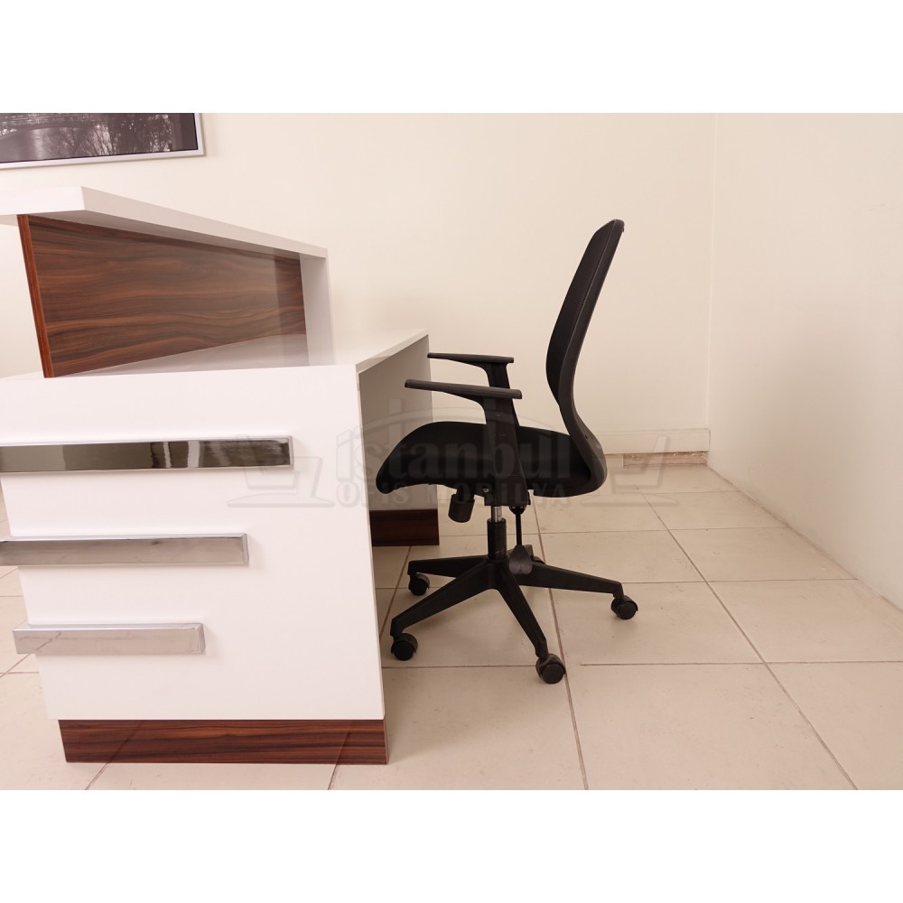 Kasa Banko Karşılama Masası Beyaz Ceviz Kromlu