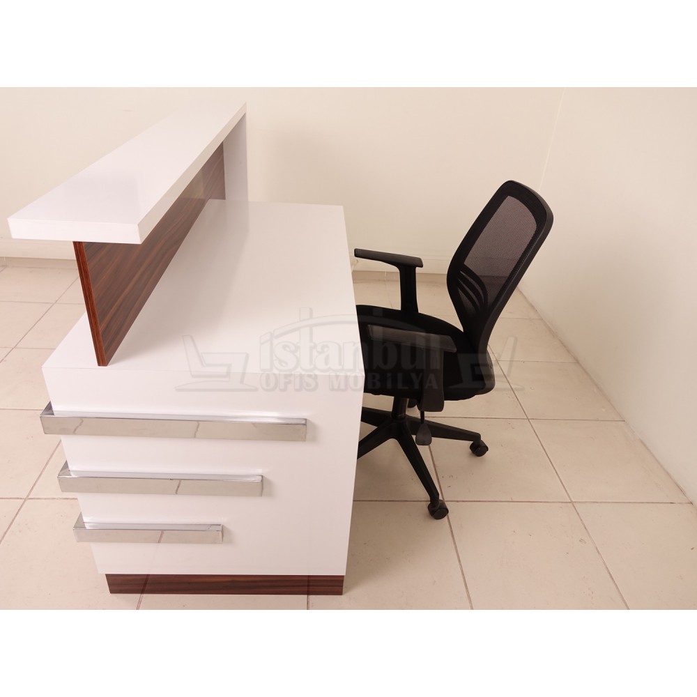 Kasa Banko Karşılama Masası Beyaz Ceviz Kromlu