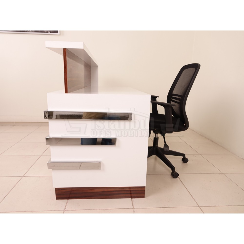 Kasa Banko Karşılama Masası Beyaz Ceviz Kromlu